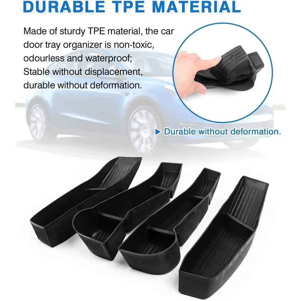 4-Pc Car Door Tray Organizer Set for 2020-2026 Tesla Model Y Black TPE